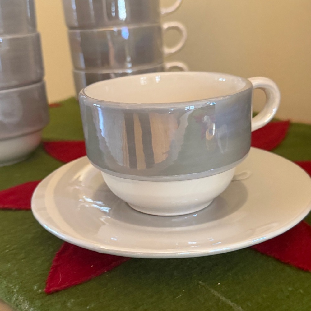 New Norman Marcus Set of 8 Elegant Gray and White Teacup Sets